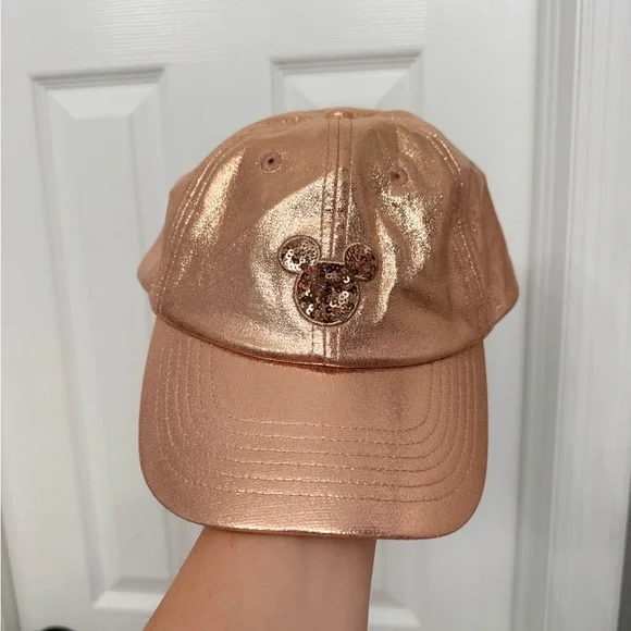 Disney Rose Gold Metallic Mickey Mouse Hat Sequin Logo Adjustable Cap Adult NWT - Picture 1 of 5